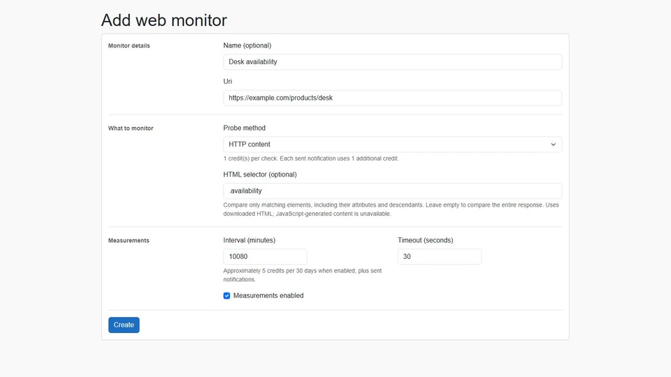 RegressionRadar HTTP monitor form configured with the .availability CSS selector