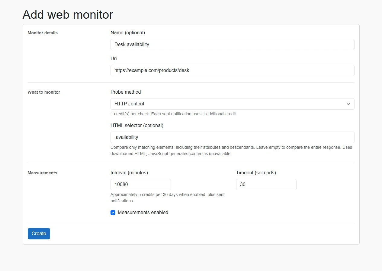 Actual RegressionRadar monitor form showing HTTP content, the .availability selector, a 10080-minute interval, and a 30-second timeout