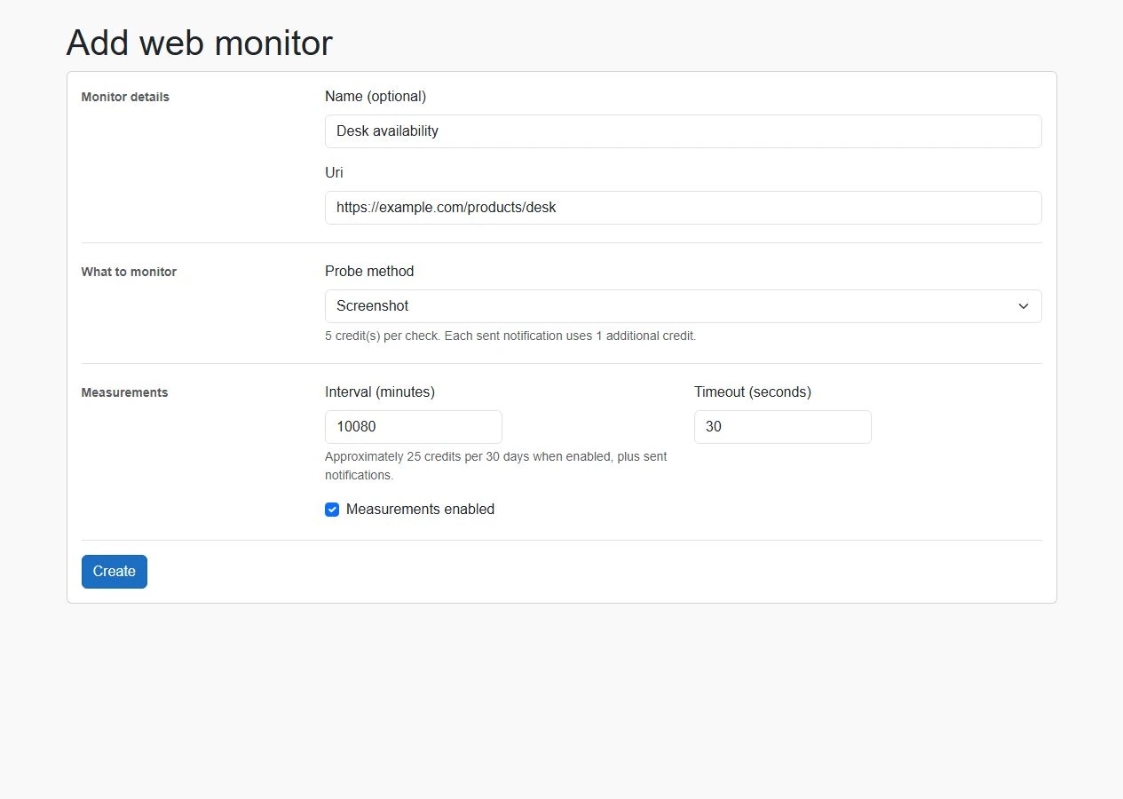 Actual RegressionRadar monitor form with Screenshot selected, a weekly interval, and a 30-second timeout